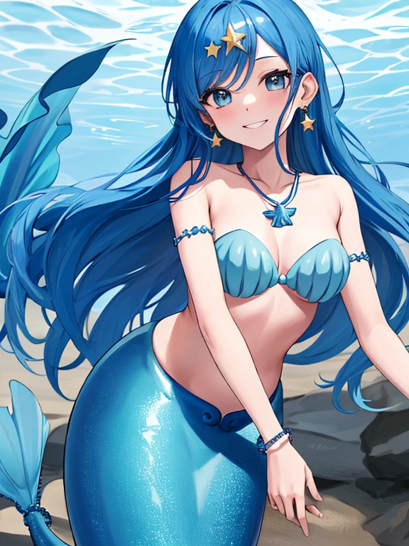 masterpiece, best quality, highres, ho1, blue hair, long hair, star (symbol), necklace, earrings, star hair ornament, mermaid, shell bikini, bracelet, underwater, smile, reaching out, spread arms,