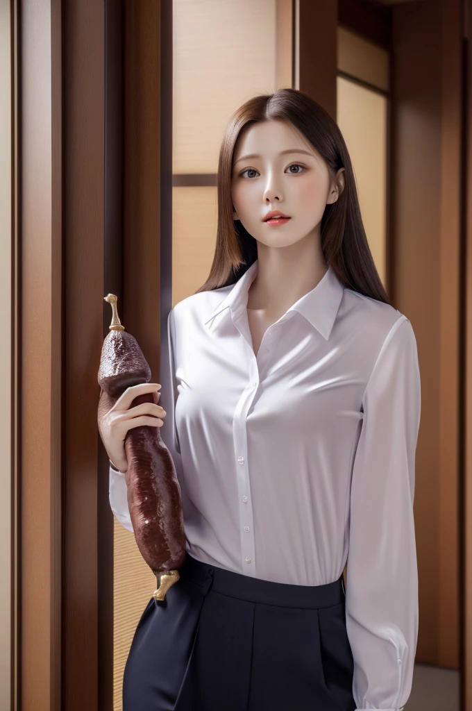22 years old, female body and male penis are combined as one body, a beautiful face of an actress, tight formal shirt is worn, a large penis is exposed, naked crotch, standing, nsfw, best quality, highly detailed, masterpiece, ultra high res, photo realistic, 8k, japanese