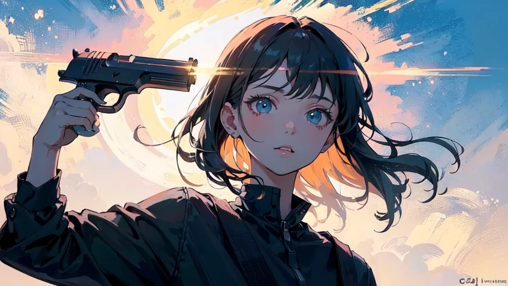 (g2h, Put a gun to your head, Pistol, Possession of a gun:1.5), One girl,
Good details, (Glowing background),
, masterpiece, highest quality, wide angle super detail, masterpiece, 8k, Natural light, Soft lighting, sunlight, High resolution (High Dynamic Range), Maximum clarity and sharpness, Multilayer Texture,