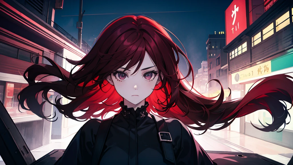 1 girl, alone, Dark Redhead, Amazing Girl, Fascinating, Black clothes, modern city night background, gang