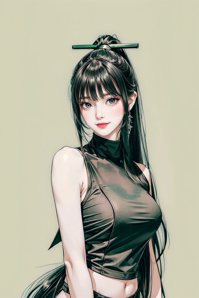 ((Classic blunt bangs:1.1)),Blunt Bangs Hairstyles, blunt bangs round face, Blunt bangs korean, aesthetic korean bangs, Blunt Cut Bangs Straight Long Hair,((High Ponytail:1.5)),(((Blunt bangs,Straight bangs:1.1))),(((Very long dark green hair, Ridiculously long dark green hair:1.1))) snake tattoo wrapped around right arm, sexy halter top, brown shorts