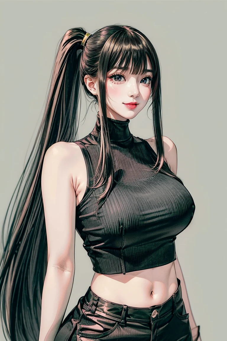 ((Classic blunt bangs:1.1)),Blunt Bangs Hairstyles, blunt bangs round face, Blunt bangs korean, aesthetic korean bangs, Blunt Cut Bangs Straight Long Hair,((High Ponytail:1.5)),(((Blunt bangs,Straight bangs:1.1))),(((Very long dark green hair, Ridiculously long dark green hair:1.1))) snake tattoo wrapped around right arm, sexy halter top, brown shorts