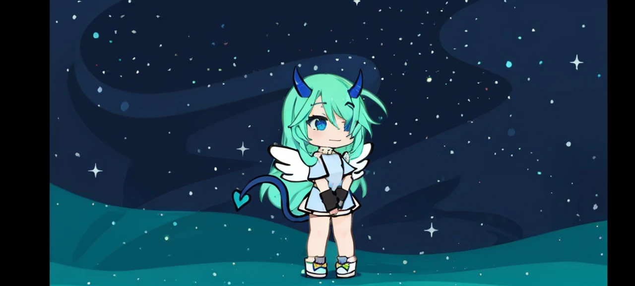 One with blue horns and tail and aqua green hair with blue eyes and white wings