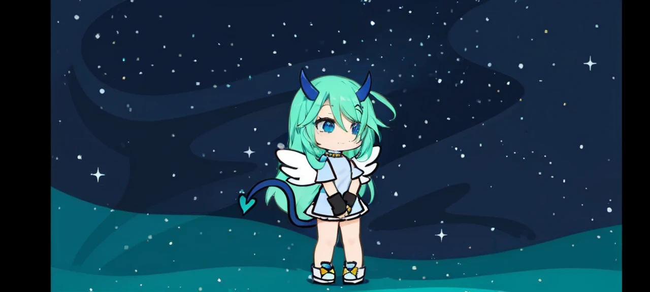 One with blue horns and tail and aqua green hair with blue eyes and white wings