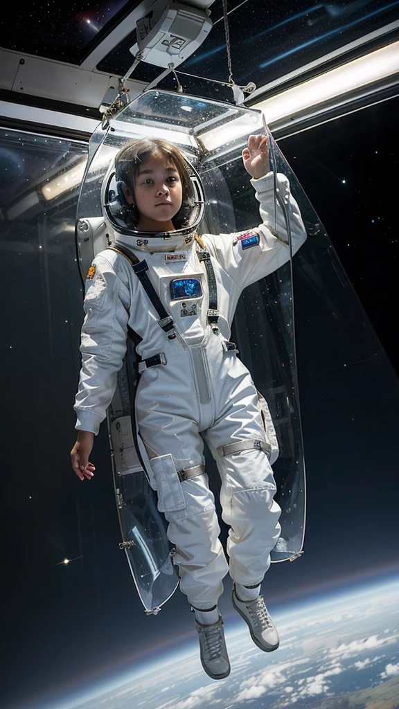 
a 14-year-old girl floats in space in a transparent spacesuita 14-year-old girl floats in a transparent spacesuit in a cabin in space, transparent and barely see-through