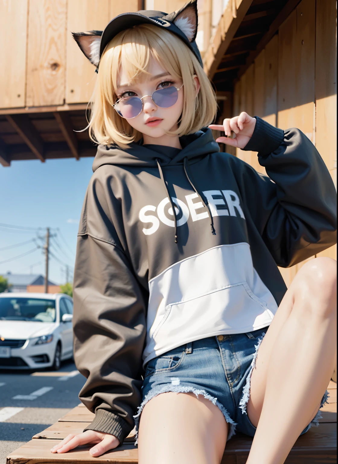 18 YEAERS OLD, 168 cm height, young girl, FULL BODY, (masterpiece), (highest quality), (illustration), (super detailed), (high resolution), absurdity, one girl, short hair, hair clip, (oversized hoodie with cat ears), black hooduie, wearing a hoodie hat, moe sleeves, blush, black shorts, (blonde), very cute girl, small, young, delicate, Outdoors, attention to girls