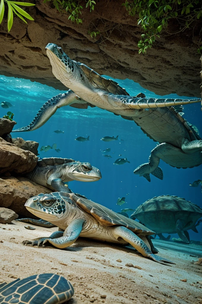 Ecosistema marino con reptiles marinos como las iguanas , serpientes, cocodrilo y tortuga