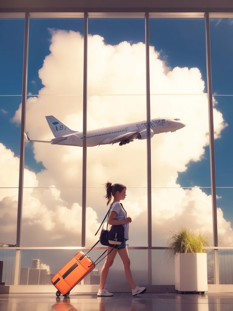1girl, walk, blue suitcase, airport, ponytail hair, jeans shorts, airplane, afternoon, cloud, blue sky, full body, plant, 8k, RAW photo, best quality, masterpiece,realistic, photo-realistic,