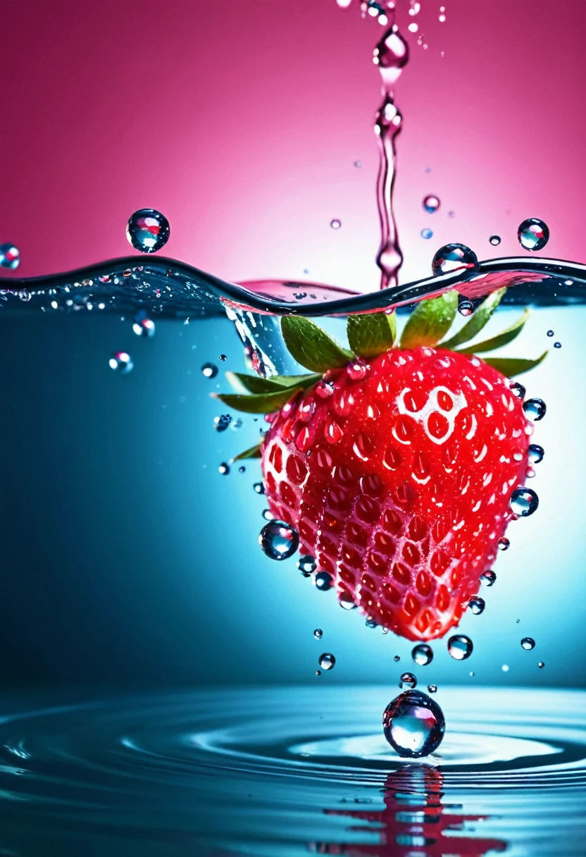 refrescante, fresa brillante vibrante, flotando en el agua, dew drops, pink lighting, brilla en el agua, refrescante , in the style of a product hero filmed in motion, dynamic magazine advertisement image, photorealism, fondo de agua que fluye, luz solar, brillando en el agua