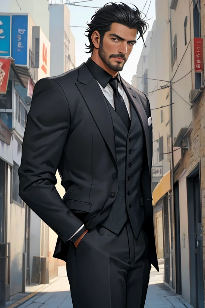 Tall male, mid thirties, athletic muscular build, handsome, gentleman, Turkish man, tailor made suit, well fitted suit, dark suit with white shirt, ultra detail, 8 k, realistic anime style photo, rugged face, handsome face, stubble, black hair, short hair, photo, solo shot, waist shot, cinematic light, cinematic color, social, remarkable, mysterious