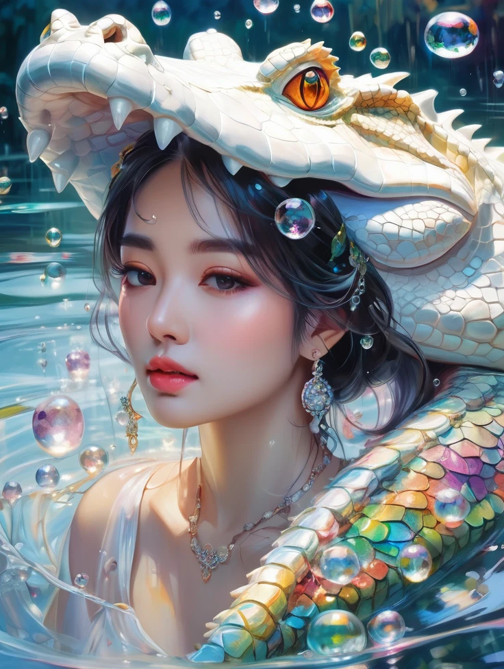 a women, white crocodile, lake, Colorful colors, surrounded by water bubbles, in the style of Kawacy, Masterpiece, Oil painting drawn in realis style, head close - up, exaggerated perspective, Tyndall effect, water drops, mother - of - pearl iridescence, Holographic white,