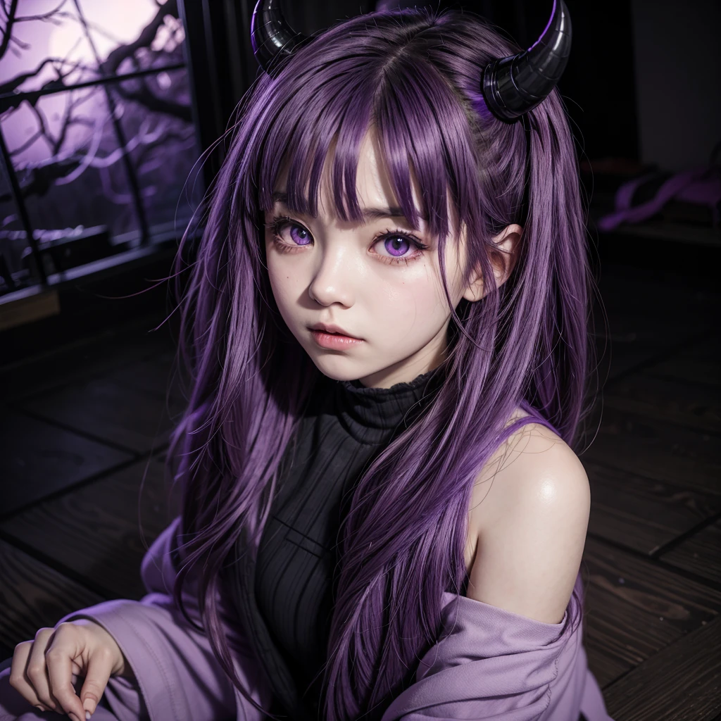 Demon girl in Japanese , Cursed purple eyes and bright purple wavy hair anime style