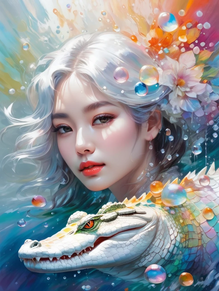 a women, white crocodile, lake, Colorful colors, surrounded by water bubbles, in the style of Kawacy, Masterpiece, Oil painting drawn in realis style, head close - up, exaggerated perspective, Tyndall effect, water drops, mother - of - pearl iridescence, Holographic white,