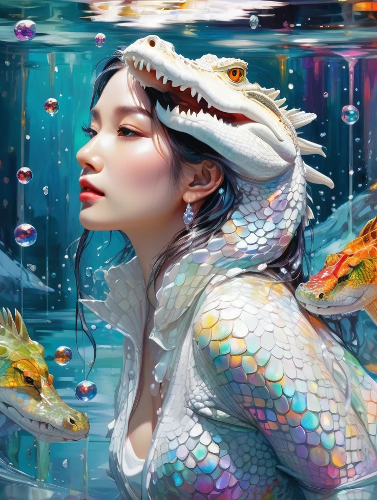 a women, white crocodile, lake, Colorful colors, surrounded by water bubbles, in the style of Kawacy, Masterpiece, Oil painting drawn in realis style, head close - up, exaggerated perspective, Tyndall effect, water drops, mother - of - pearl iridescence, Holographic white,