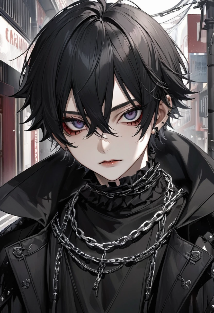 Japanese boy gothic style, de roupa preta, cabelo preto liso, pelo realista, adulto, olhos azuis, chains on the neck, andando na rua 