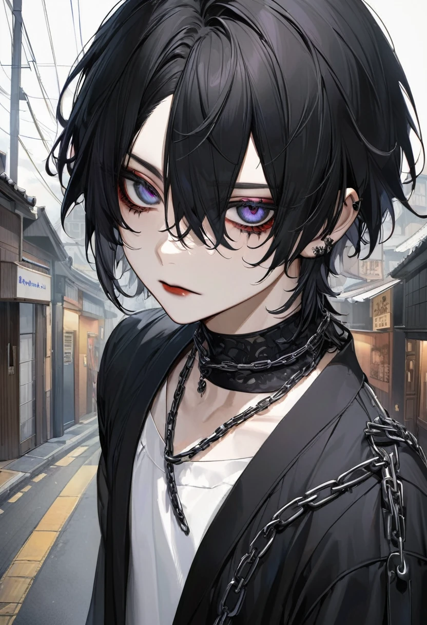 Japanese boy gothic style, de roupa preta, cabelo preto liso, pelo realista, adulto, olhos azuis, chains on the neck, andando na rua 