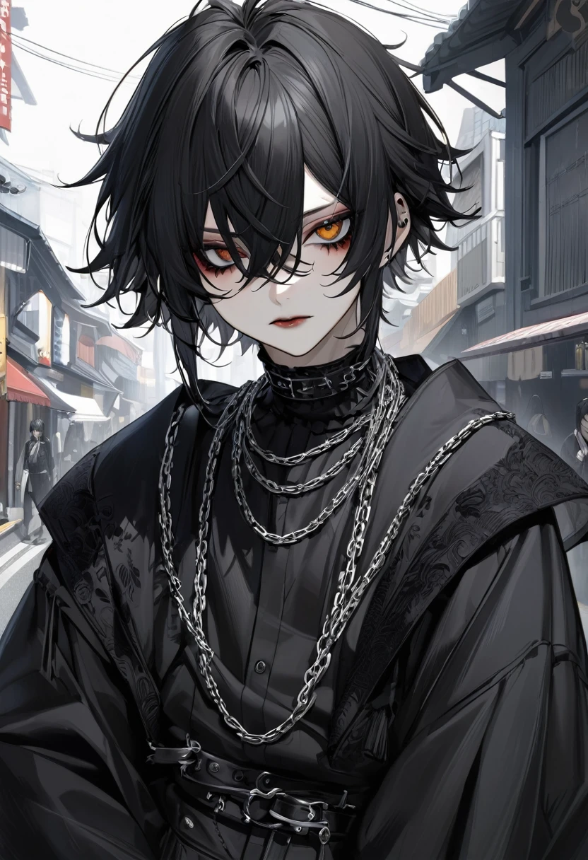 Japanese boy gothic style, de roupa preta, cabelo preto liso, pelo realista, adulto, olhos azuis, chains on the neck, andando na rua 