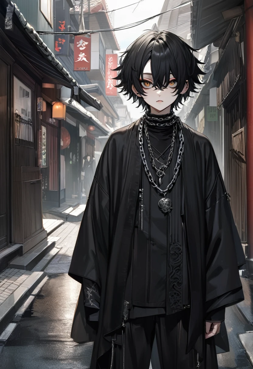 Japanese boy gothic style, de roupa preta, cabelo preto liso, pelo realista, adulto, olhos azuis, chains on the neck, andando na rua 