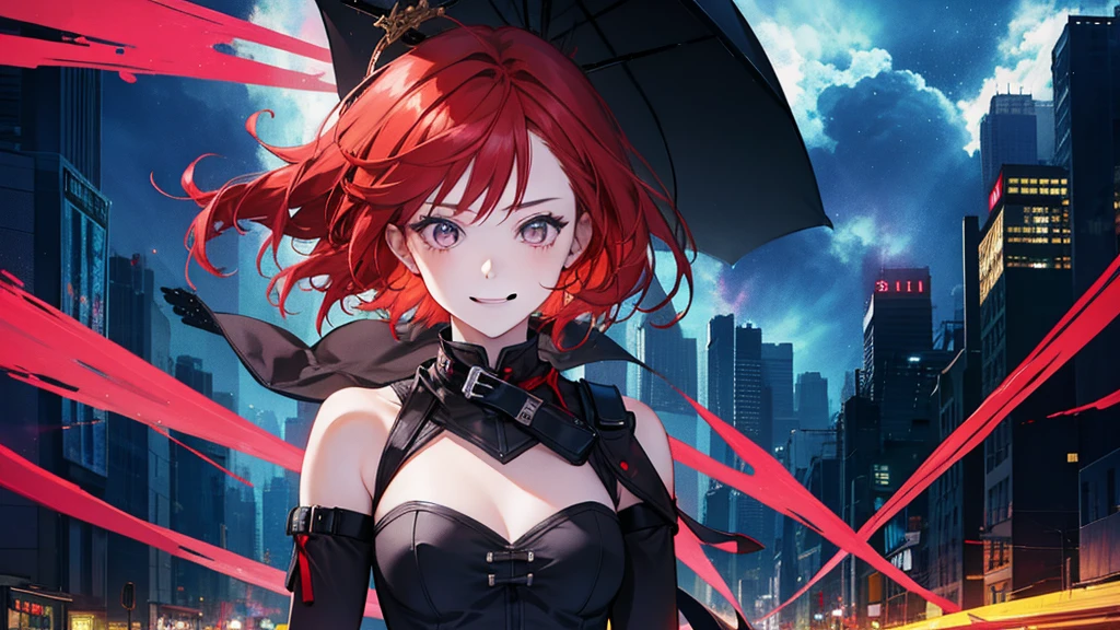 1 girl, alone, Dark Redhead, Amazing Girl, Fascinating, modern city night background, student, bad girl, Cute smile, 