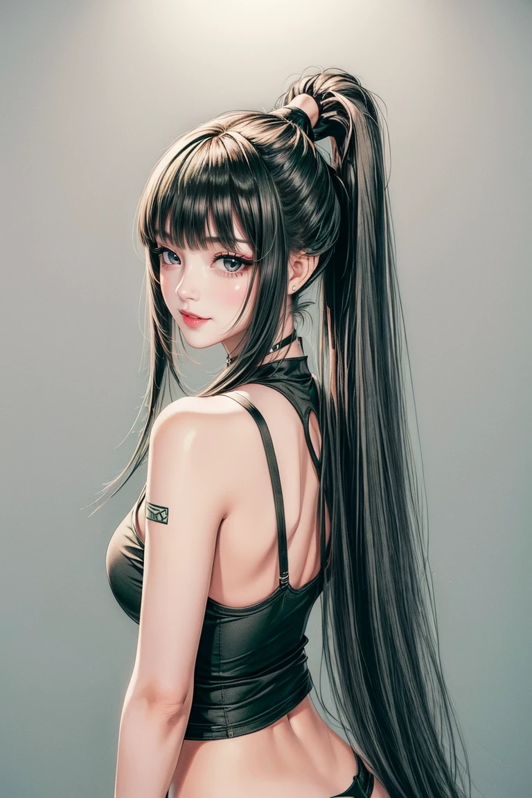((Classic blunt bangs:1.1)),Blunt Bangs Hairstyles, blunt bangs round face, Blunt bangs korean, aesthetic korean bangs,  Blunt Cut Bangs Straight Long Hair,((High Ponytail:1.5)),(((Blunt bangs,Straight bangs:1.1))),(((Very long dark green hair, Ridiculously long dark green hair:1.1))) snake tattoo wrapped around right arm, sexy halter top, brown shorts