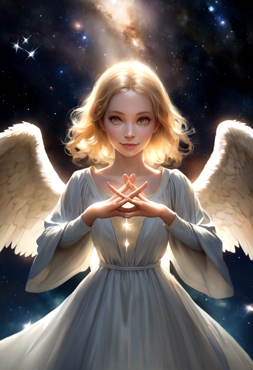 from the front, Look directly at the viewer, From above:1.2, Angel, A kind smile, Big eyes, blonde, A neat dress with sleeves that hide the chest, Angel wings on the back, Space background with lots of shining stars, Prayer-like pose, Realistic