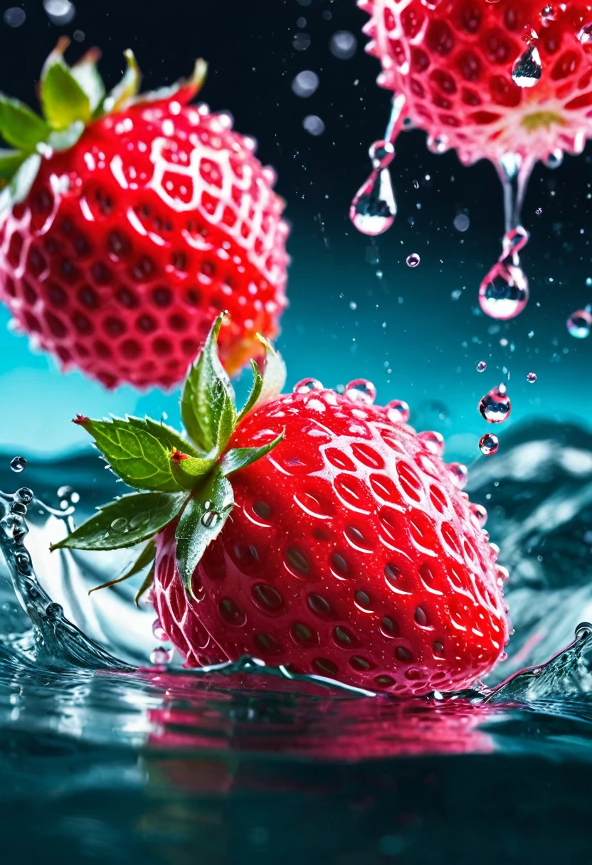 refrescante, fresa brillante vibrante, flotando en el agua, dew drops, pink lighting, brilla en el agua, refrescante , in the style of a product hero filmed in motion, dynamic magazine advertisement image, photorealism, fondo de agua que fluye, luz solar, brillando en el agua