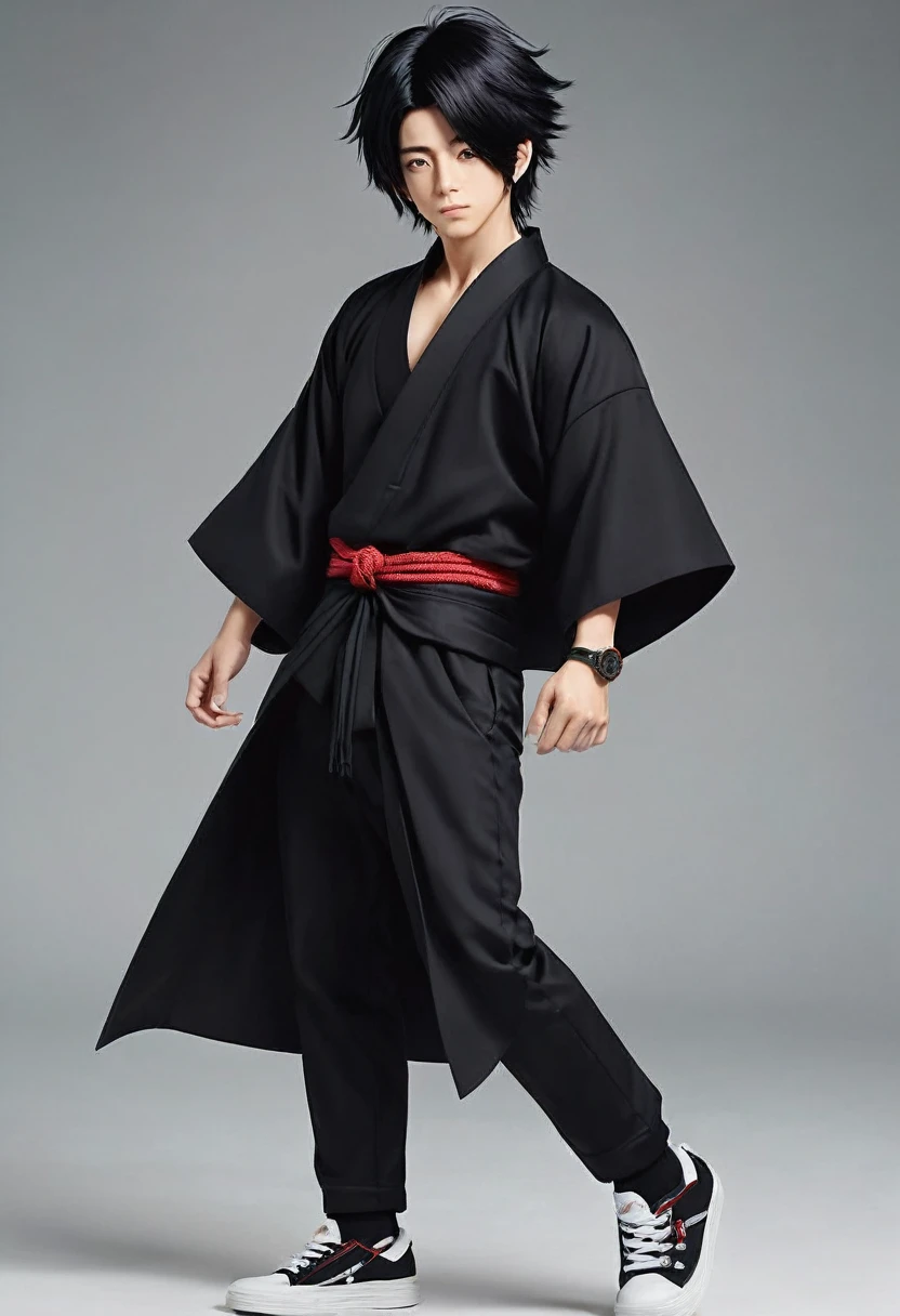 Japanese boy Toya todoroki style, de roupa preta, cabelo preto liso, pelo realista, adulto.