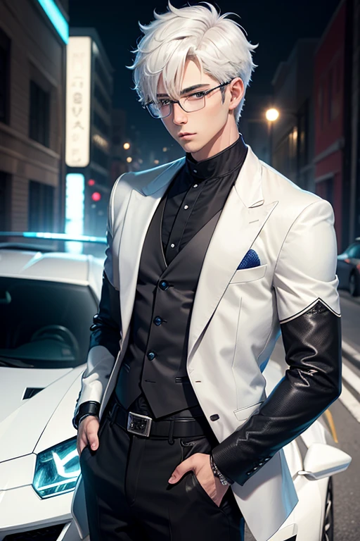 anime character with short hair and a white jacket, with white hair, anime handsome man, glasses, blue eyes, glowing eyes, royal styled, male anime character, 1boy, solo, suoh mikoto, formal style, inside the card, Lamborghini Aventador, cowboy shot, dynamic lighting,