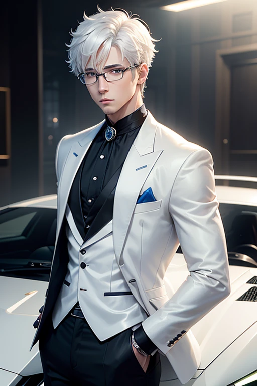 anime character with short hair and a white jacket, with white hair, anime handsome man, glasses, blue eyes, glowing eyes, royal styled, male anime character, 1boy, solo, suoh mikoto, formal style, inside the card, Lamborghini Aventador, cowboy shot, dynamic lighting,