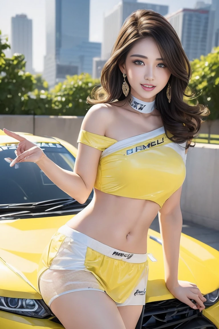 (((One-shoulder mesh girls outfit))),(((Dynamic pose))),(((Abdominal Peek))),(((Show lower chest ))),(((Yellow and white miniskirt lift))),(((Bare inner thighs))),(((Formula One racing car display))),Ulzzang-6500-v1.1, (Original photo:1.2), (Realistic:1.4), Beautiful and delicate girl, Very detailedな目と顔, Beautiful and delicate eyes,(Pale skin),  Very detailed, High resolution, highest quality,masterpiece, Very detailed, 8k wallpaper, wonderful, Fine details, highest quality, There is Light on the face,Light,One Girl,(car truck),Beautiful Eyes,smile,Open your mouth