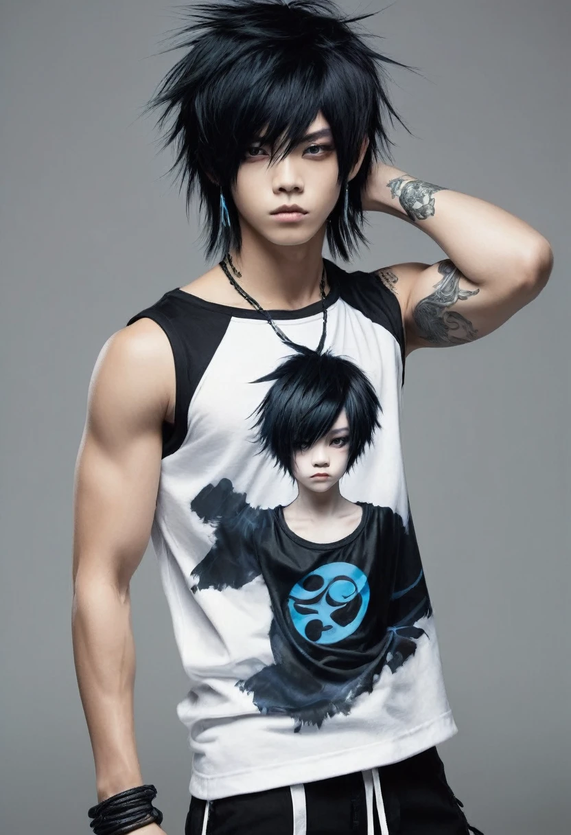 Japanese boy gothic style, de roupa preta, cabelo preto liso, pelo realista, adulto, olhos azuis , Muscles.
