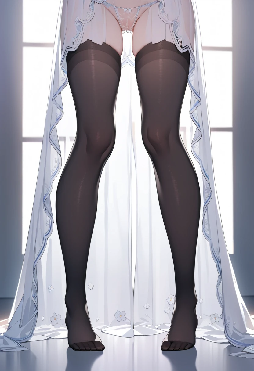 (1 girl),(high quality), (High resolution), (extremely detailed), (8K),(lower body shot),(Hatsune Miku wears panties under her transparent wedding dress),(wearing black knee-high stockings)not wearing shoes,perfect writing,(Beautifully erect nipple shape:1.2),High resolutionの美しい目,(neutral white lighting:1.2),I&#39;m sitting in a windy, different world , large breasts, nipple