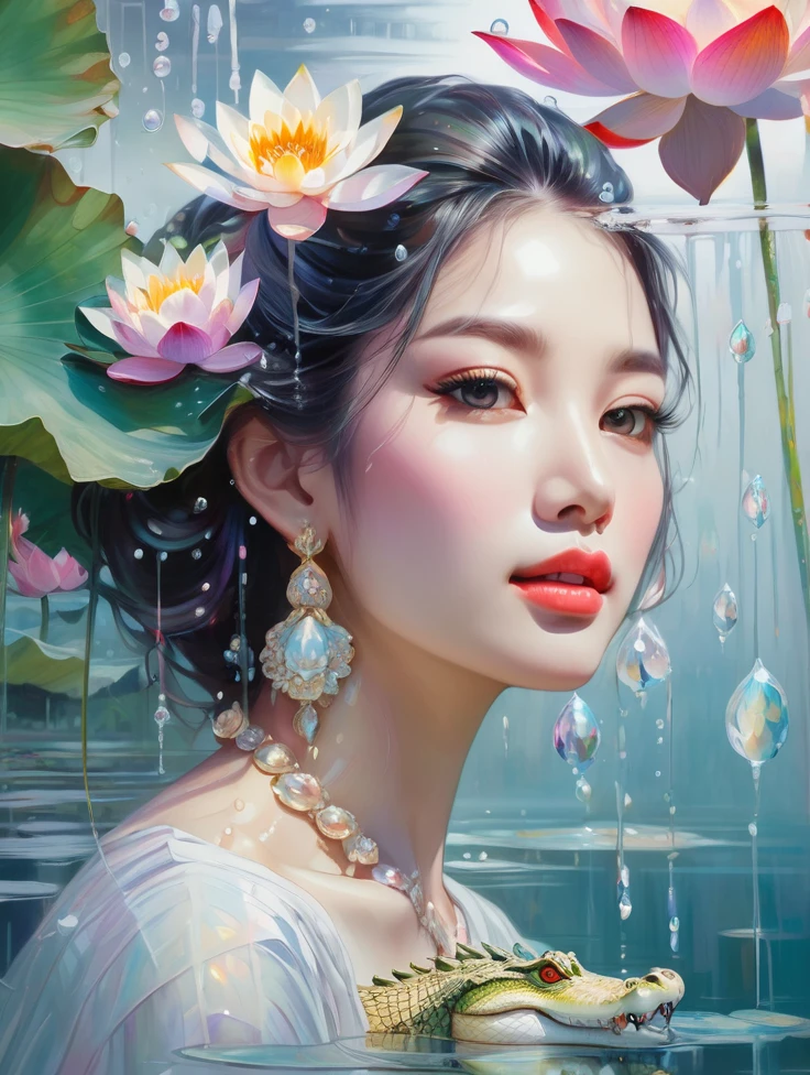 a women, white crocodile, lake, lotus, Colorful colors, surrounded by water bubbles, in the style of Kawacy, Masterpiece, Oil painting drawn in realis style, head close - up, exaggerated perspective, Tyndall effect, water drops, mother - of - pearl iridescence, Holographic white,