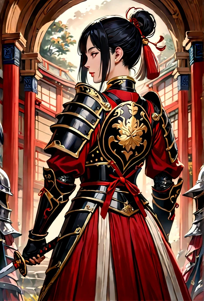 a picture of Japanese female knight, she has long black hair, wearing samurai armor, armed with a katana, ready for battle, ((shot taken from the back)), Japanese fantasy art, (Masterpiece: 1.5), 16k, highres, best quality, high details, ultra detailed, masterpiece, best quality, (extremely detailed), arafed, dnd art, JapaneseKatana