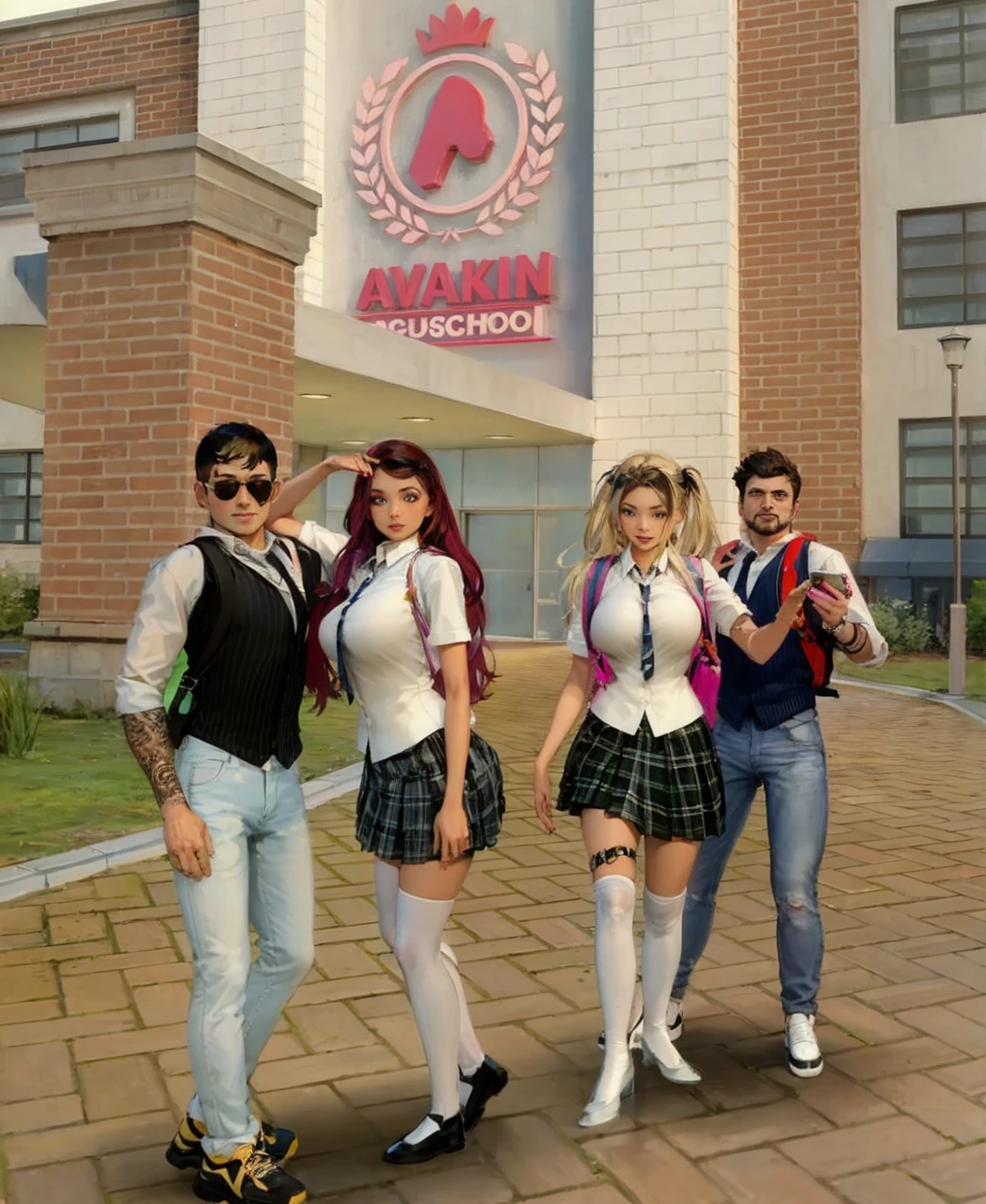 A male and female student couple、standing in line wearing school uniforms