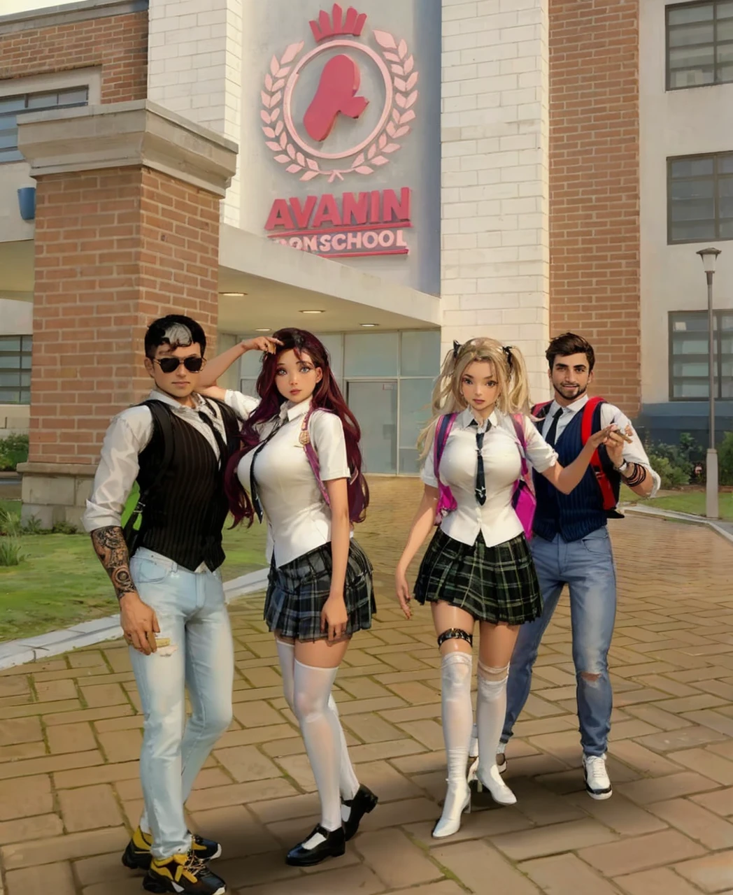 A male and female student couple、standing in line wearing school uniforms