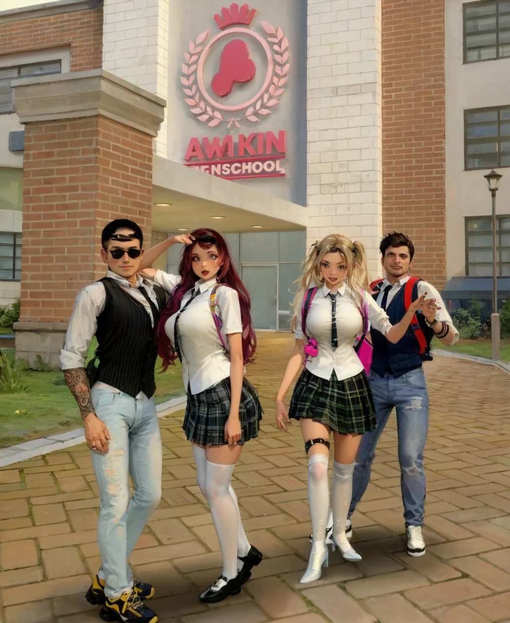 A male and female student couple、standing in line wearing school uniforms