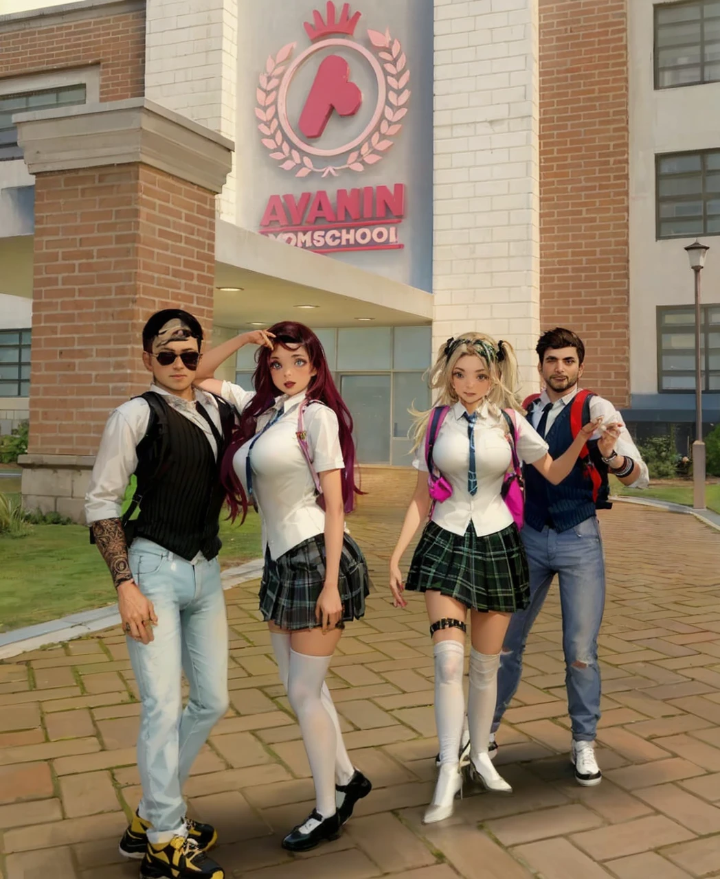 A male and female student couple、standing in line wearing school uniforms