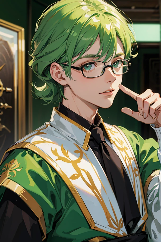 , glasses, olhos verdes, cabelo escuro,((melhor qualidade)),(detalhado)
