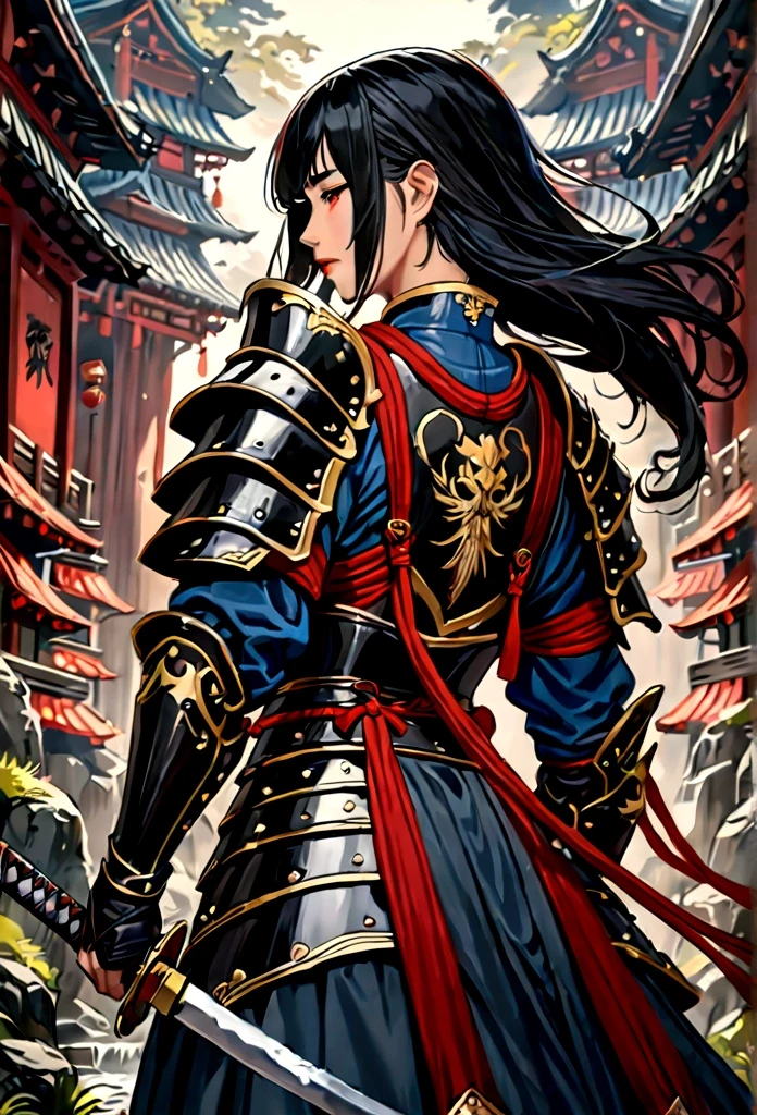 a picture of Japanese female knight, she has long black hair, wearing samurai armor, armed with a katana, ready for battle, ((shot taken from the back)), Japanese fantasy art, (Masterpiece: 1.5), 16k, highres, best quality, high details, ultra detailed, masterpiece, best quality, (extremely detailed), arafed, dnd art, JapaneseKatana