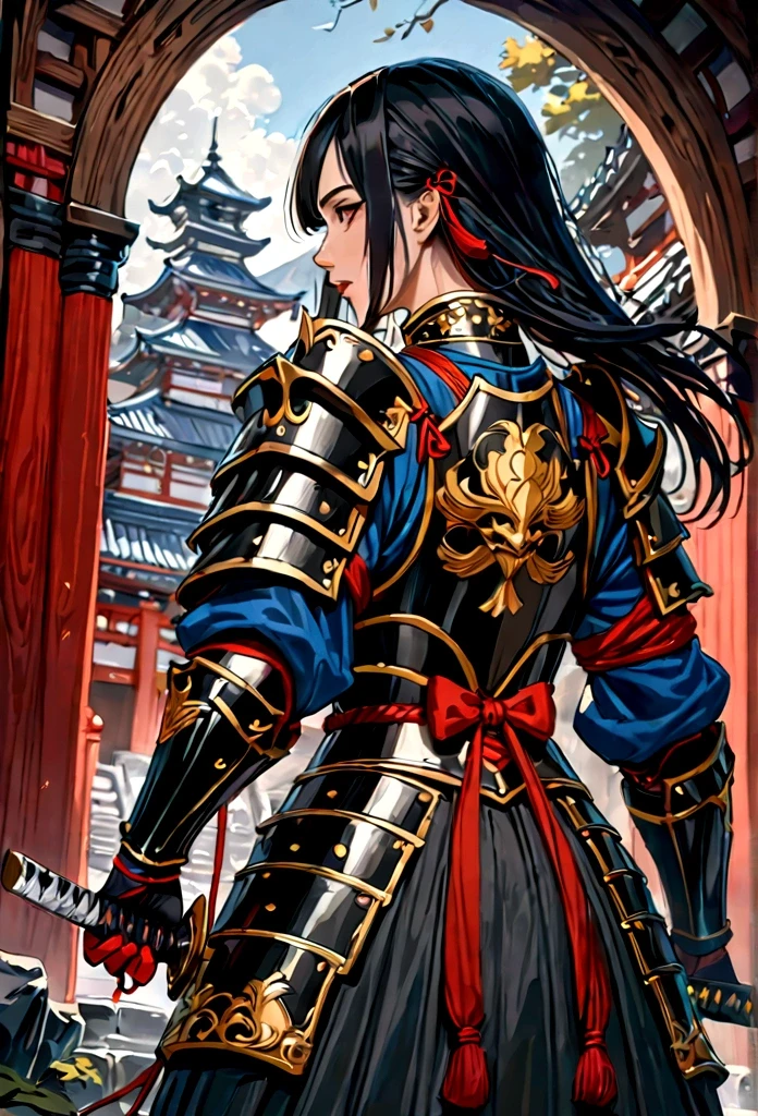 a picture of Japanese female knight, she has long black hair, wearing samurai armor, armed with a katana, ready for battle, ((shot taken from the back)), Japanese fantasy art, (Masterpiece: 1.5), 16k, highres, best quality, high details, ultra detailed, masterpiece, best quality, (extremely detailed), arafed, dnd art, JapaneseKatana