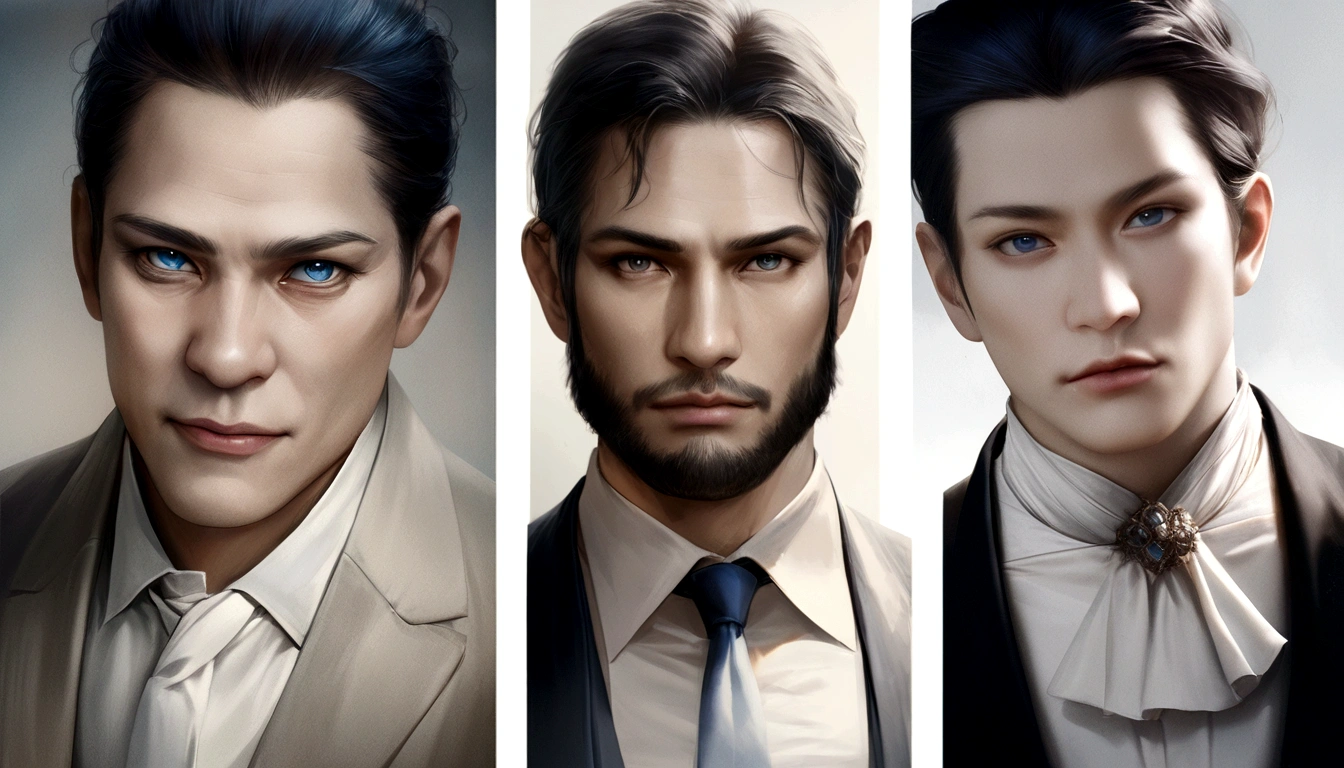 (Elegantly dressed professional man), (Beardless,) (blue eyes) (Portraiture) Beautiful and serious expression., Dark Blue Hair, Elegant and elegant, And a very formal strong white shirt., (Realistic and high quality images), ((Better Quality, 10, Master Parts).