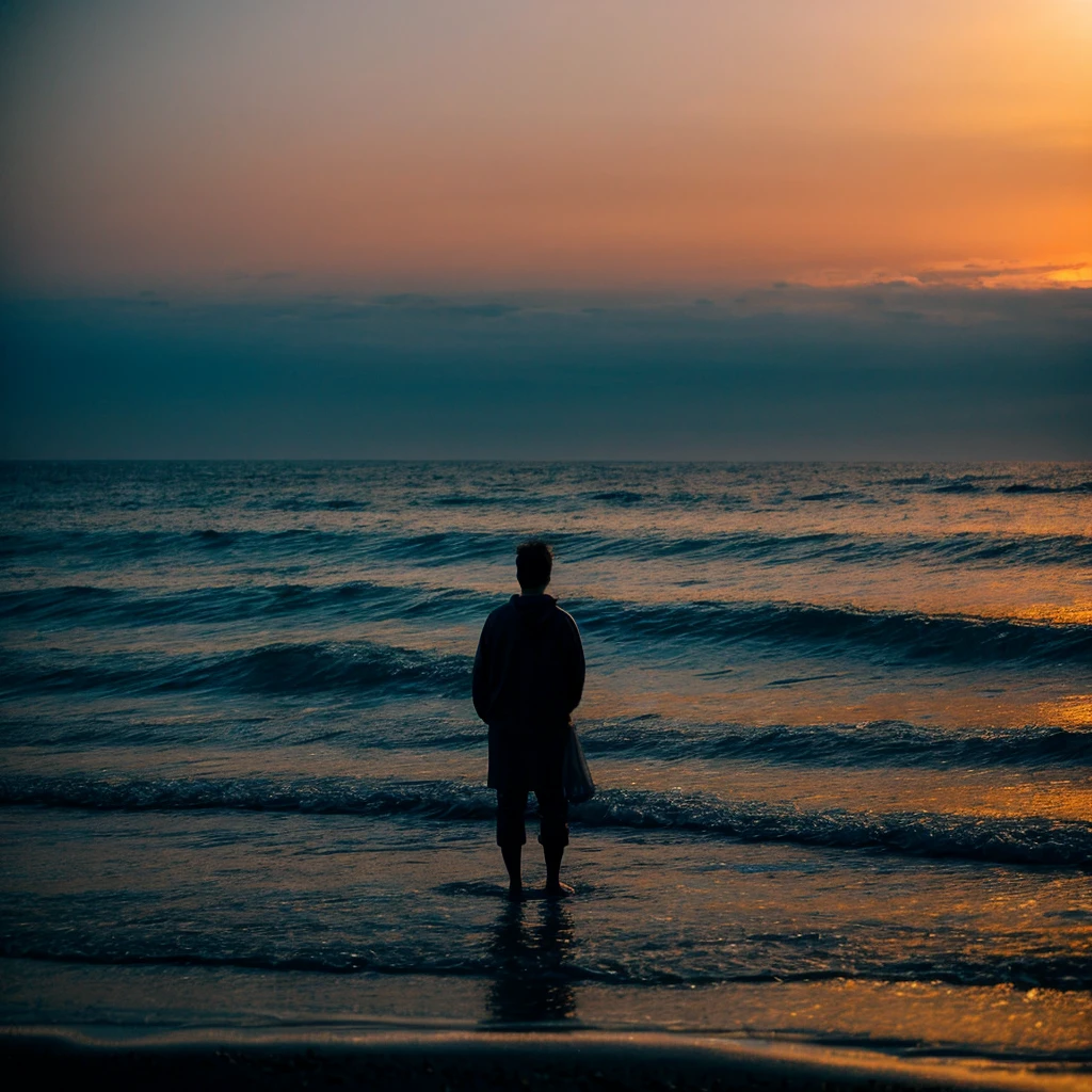 "Sea of night、The moonlight reflects off the surface of the sea, and the waves spread calmly.、A person stands on the beach and watches the waves。His silhouette over his back is wearing simple clothing fluttering in the wind.、Gazing into the distance。The remains of a broken ship can be seen below the surface of the sea.、Small specks of light float around the figures, symbolizing fragments of past memories and love.。A starry night sky and a quiet sea in the distance、The morning glow is starting to appear faintly on the horizon.。The overall color scheme is based on deep blue and navy blue.、Accented with the pale orange and pink of moonlight and the morning glow。The particles of light and silhouettes of people are depicted as if they were floating in white.、Calmness and Regeneration、There is a fantastical atmosphere with a sense of hope.。", High resolution, masterpiece, highest quality, Intricate details, Very detailed, Clear focus, Delicate skin, practical skin texture, texture, Delicate eyes, Professional, 4K, Shot with Canon, 85mm, Shallow and deep, Kodak Vision Color, Exactly, Very detailed, photograph_\(Extremist\), photographpractical, practical, Post-processing, Maximum details, Roughness, Real Life, Extremist practical, Photorealism, photographgraphy, 8K Ultra HD, photographgraphy