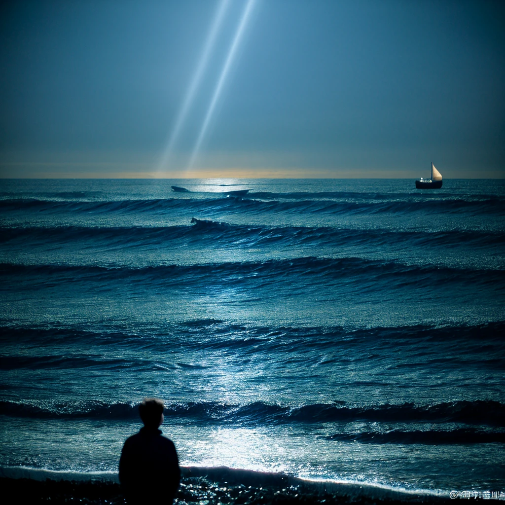 "Sea of night、The moonlight reflects off the surface of the sea, and the waves spread calmly.、A person stands on the beach and watches the waves。His silhouette over his back is wearing simple clothing fluttering in the wind.、Gazing into the distance。The remains of a broken ship can be seen below the surface of the sea.、Small specks of light float around the figures, symbolizing fragments of past memories and love.。A starry night sky and a quiet sea in the distance、The morning glow is starting to appear faintly on the horizon.。The overall color scheme is based on deep blue and navy blue.、Accented with the pale orange and pink of moonlight and the morning glow。The particles of light and silhouettes of people are depicted as if they were floating in white.、Calmness and Regeneration、There is a fantastical atmosphere with a sense of hope.。", High resolution, masterpiece, highest quality, Intricate details, Very detailed, Clear focus, Delicate skin, practical skin texture, texture, Delicate eyes, Professional, 4K, Shot with Canon, 85mm, Shallow and deep, Kodak Vision Color, Exactly, Very detailed, photograph_\(Extremist\), photographpractical, practical, Post-processing, Maximum details, Roughness, Real Life, Extremist practical, Photorealism, photographgraphy, 8K Ultra HD, photographgraphy