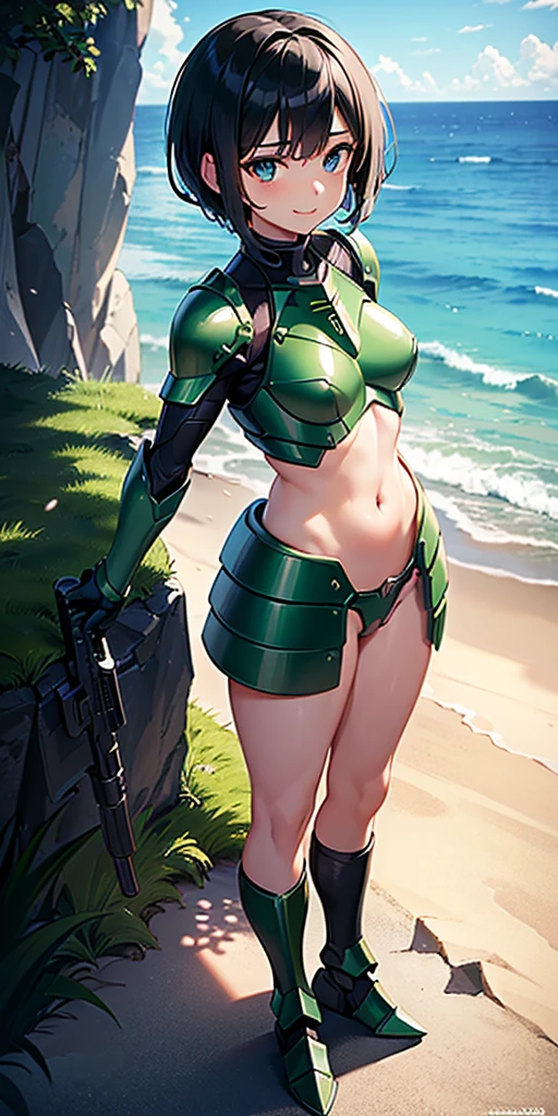  girl whit:"(((soldier girl asking to )), anime girl holds a gun and dark cave, 1girl view, gun, solo, blue eyes, black hair, smile, symmetrical face, perfect body, full body, holding gun, ocean, outdoors, looking at viewer, sky, short hair, random angle, cowboy shot, short body, short mecha-armor, ,  indecent armor, armor skin, random angle, ((ligth green-black armor)), , +18. )"
