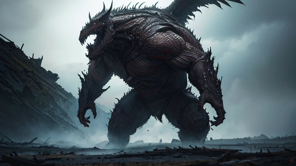a giant monster on the left, 4 people attacking the monster on the right, dramatic action scene, highly detailed, dark fantasy, cinematic lighting, moody colors, gritty and realistic, (best quality,8k,highres,masterpiece:1.2),ultra-detailed,(realistic,photorealistic,photo-realistic:1.37),dramatic lighting,dark atmosphere,action pose,intense expression,muscular anatomy,intricate details,cinematic composition,dark fantasy art