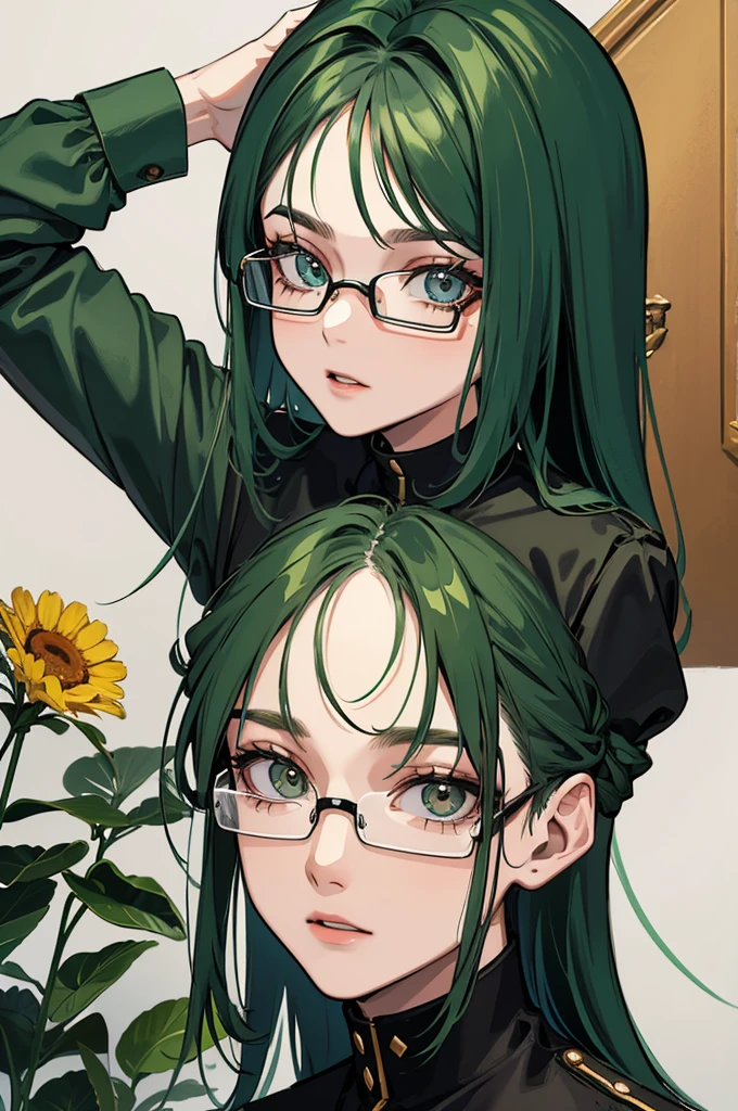 menino, glasses, olhos verdes, cabelo escuro,((melhor qualidade)),(detalhado)