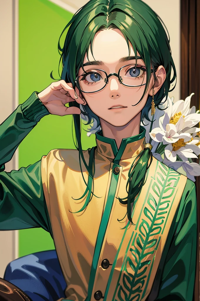, glasses, olhos verdes, cabelo escuro,((melhor qualidade)),(detalhado)