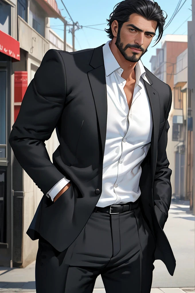 Tall male, mid thirties, muscular body, handsome, gentleman, Turkish man, dark well-fitted suit with white shirt, ultra detail, 8 k, realistic anime style photo, rugged face, handsome face, stubble, black hair, short hair, photo, solo shot, waist shot, cinematic light, cinematic color, social, remarkable, mysterious