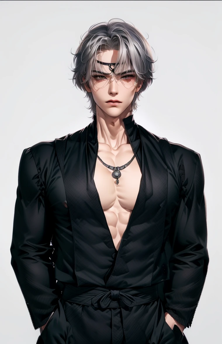 (masterpiece,best quality,ultra_detailed,highres,absurdres),1boy, solo, white hair,chain, shirt, grey eyes, upper body, vest, short hair, looking at viewer, round eyewear, long sleeves, neck tattoo, hand on own shoulder, brown vest, monocle, jewelry (looking away:1.2)